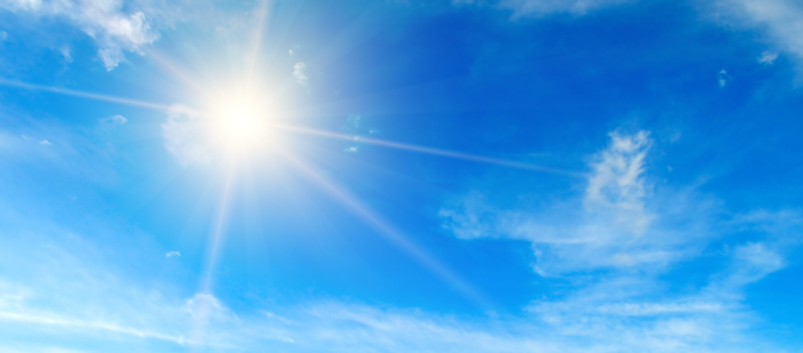 Blue sky. Bright midday sun illuminates the space. Wide photo .